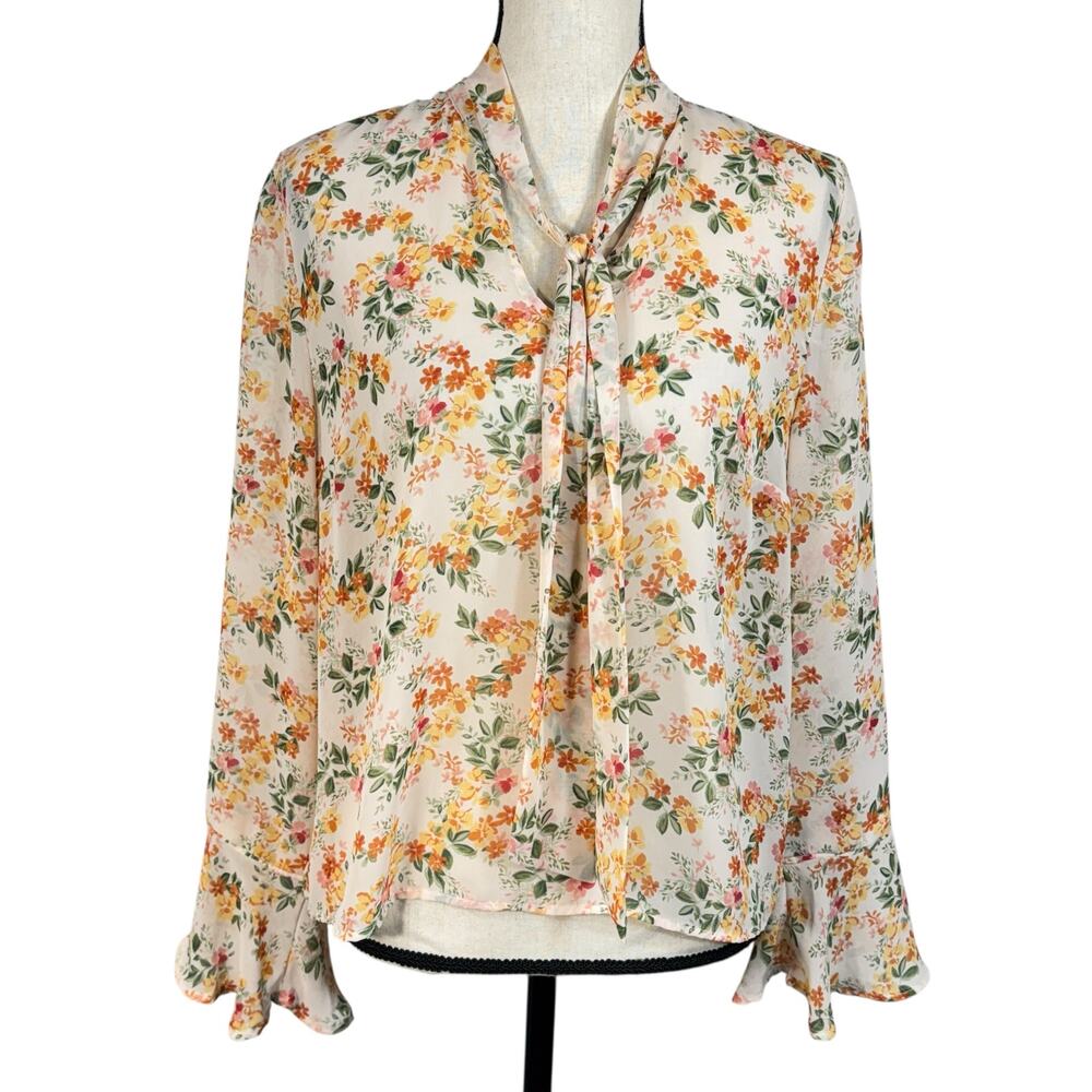 Forever 21 X-Large Top Floral Semi-Sheer Tie V-Neck Long Bell Sleeves Pullover